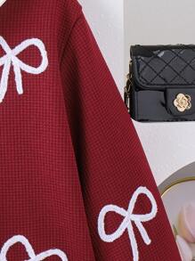 2pcs Young Girls Fashion Bow Embroidered Collar Long Sleeve Top And Pleated Skirt Set, Spring/Autumn