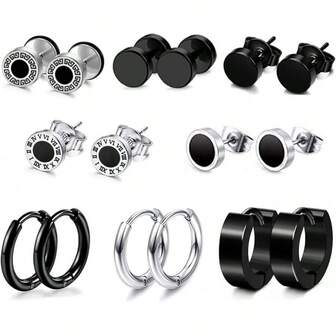 8-12 Pairs Earrings Men Surgical Steel Mens Black Earrings Multipack Stud Huggie Small Hoop Earrings Set