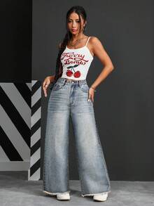 Eleganckie, szerokie, damskie jeansy z denimu w jednolitym kolorze, z kieszenią na zamek i guzikiem - Jasny jeans - Zobacz 7