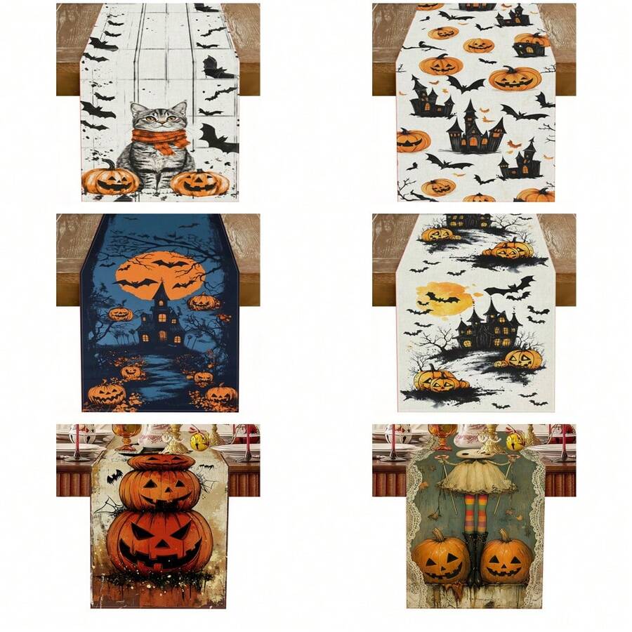 1 bucată de steag de masă cu model de dovleac de Halloween, fabricat din fibră de poliester tricotată de 72 inch, folosit pentru mese de sărbători, decorațiuni de bucătărie acasă, petreceri și cadouri
