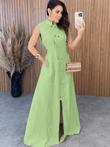 Long Tailored Buttoned Tank Top Dress - 橄欖綠 - 查看 2