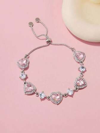 1piece Teen Pink Heart Bracelet With Adjustable Pull-Out Style, Fashionable, Light Luxury, Niche And Exquisite Bracelet