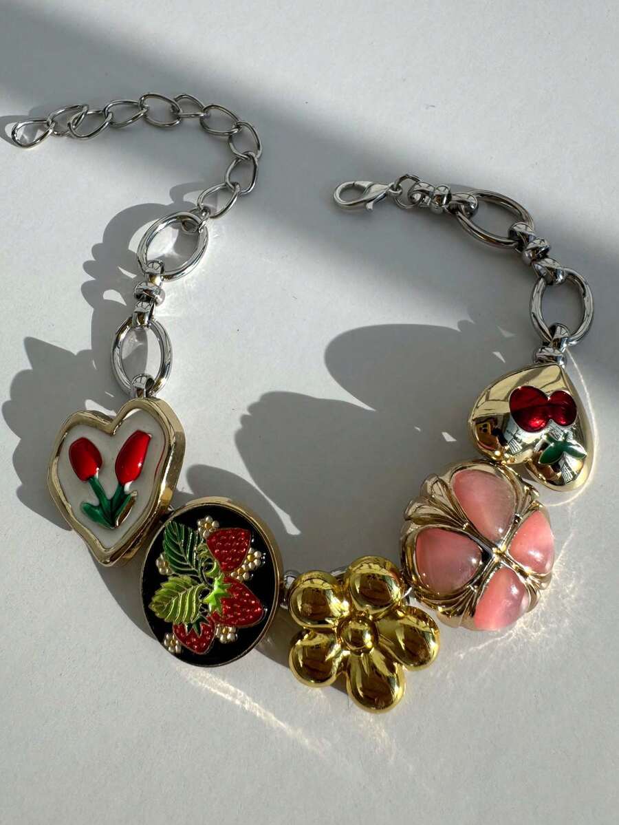 1pc Fashionable Retro Y2K Hiphop Flower Rose Star Strawberry Butterfly Oil Drop Love Stainless Steel Chain Bracelet, Versatile For Women Summer, Holiday, Party, Beach, Ball - Multicolor - View 1
