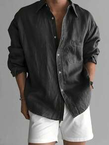 Áo sơ mi rộng rãi, dáng suông, túi trước, đường may mềm mại, phong cách đại học, thời trang thường ngày mới nhất năm 2025 dành cho nam, thích hợp mặc hàng ngày, đi nghỉ, ngày lễ và nhiều dịp khác nhau, mùa thu - Đen và trắng - Xem 3