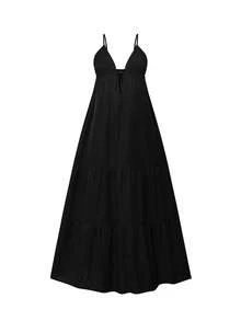 LilyHouse 女士夏季长裙，优雅时尚，海滩度假风，V 领吊带设计，适合日常约会、海滩度假、节日庆典、婚礼、优雅派对、毕业典礼和情人节等场合穿着。 - 黑色 - 查看 4