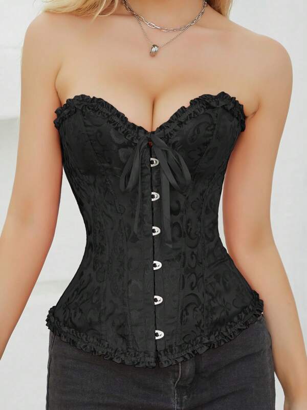 1pc Women's Jacquard Corset With Ruffle Hem And Bow Detail, Suitable For Halloween Party