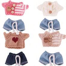4pcs/Set Setelan Atasan Rajut Lengan Pendek dan Celana Pendek Denim Baru Cocok untuk Boneka Plush LABUBA 17cm (Boneka Tidak Termasuk) - MultiWarna - View 2