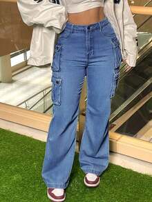 Women's Fashionable And Casual Loose Straight Leg Workwear Jeans, Paired With Multiple Pocket Decorations, Mid Waist Non Elastic, Suitable For All Seasons, Minimalist Women's Clothing, Suitable For Parties, Banquets/Dances, Parties, Birthday Parties, Cocktail Parties, Nightclubs, Nightclubs, Concerts, Music Festivals,Pantalón Jean Mujer,Women Clothes,Jeans Para Mujer,Pantalones De Mujer Jean,Ropa De Mujer,Tall Jeans Women,Y2k Clothes,Going Out Outfits,Holiday Outfits For Women,Vacation Outfits Women,Club Outfits For Women,New Years Outfit Women,Holiday Outfits For Women - 深色水洗藍 - 查看 4