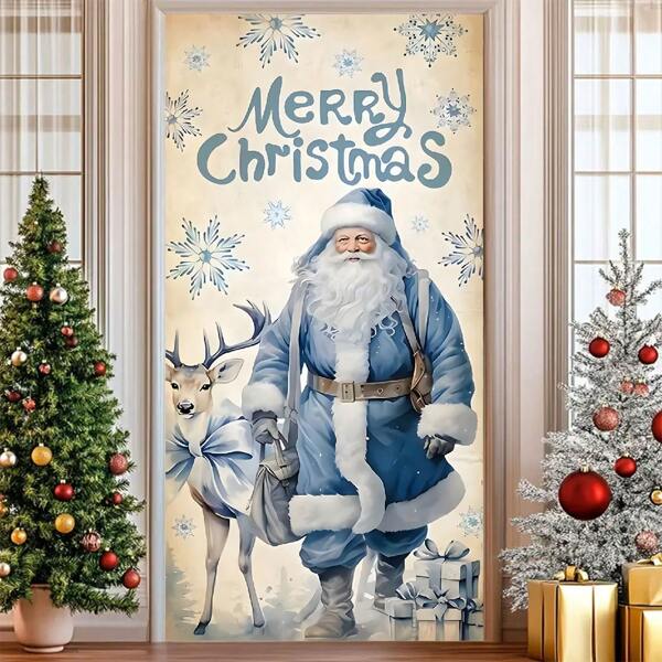 1 Stück 2D flaches Weihnachtsmann-Banner für die Veranda, Polyester, Frohe Weihnachten Schild, Tür-/Wanddekoration, Winter