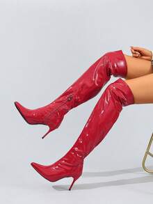 Damen Spitze Glänzende Stiletto High Heel Overknee Stiefel, modische vielseitige elastische Skinny Stiefel, sexy Party Oberschenkel-Hohe Stiefel - Rot - Übersicht 2