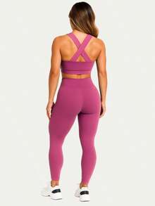 Leggings And Top Set For Gym Fitness Walking Bodybuilding Smooth Suplex A01 - Rosa - 查看 2