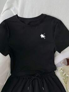 Conjunto de camiseta casual de verano de manga corta holgada para mujeres con shorts, impresión caballo jinete mini  cuello redondo  Casual    Diario - Negro - Ver 2
