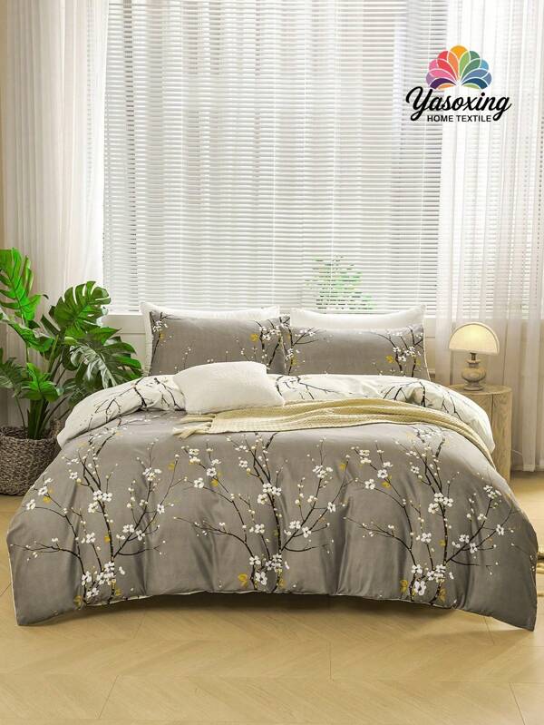 3pcs/Set Grey Beige Two Tone Reversible Plum Blossom Branch Flower Pattern Duvet Cover Set Easy Care Microfiber Soft Bedding Set Soft Breatheable Wrinkle-Free Better For Sleep, Luxury Hotel Style, Gift For Mom Dad Friend, Quilt Comforter Duvet Cover*1 Pillowcase*2 King Queen Full Twin Size Domitory Bedding Back School Bedding