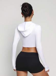 Women's White Zipper Long Sleeve Minimalist Hooded Thumb Hole Sports Knit Jacket