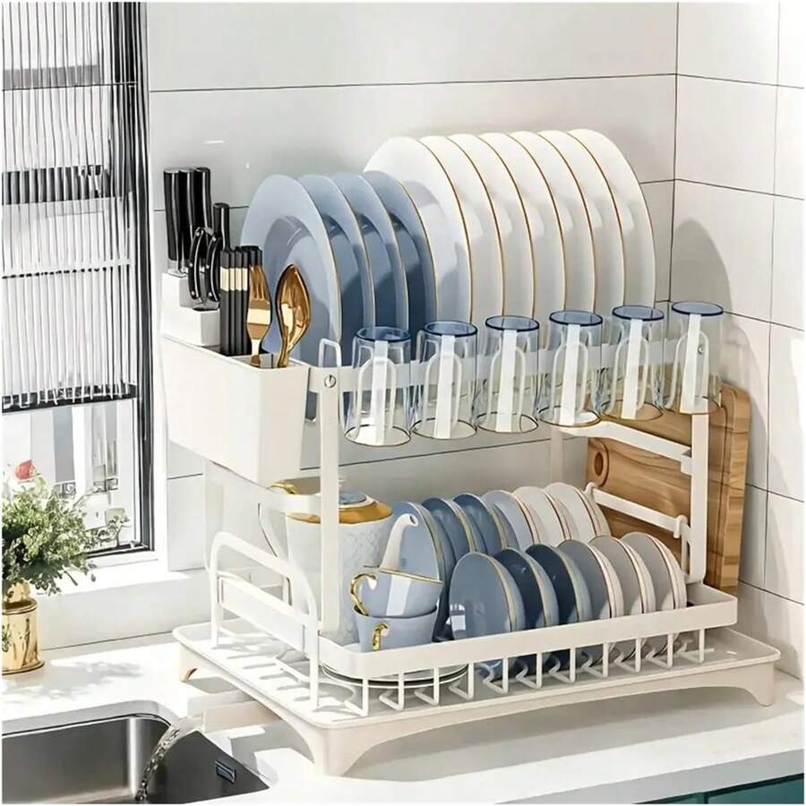 Multifunctional Dish Drying Rack - Rustproof, 2 Tier Dish Rack With Drainer Board, Space Saving Design, Utensil And Cup Holder For Kitchen Countertop,... - 白色 - 查看 1