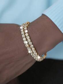 2pcs Men's Simple Hip-Hop Cuban Style Crystal Bracelet Set - Silver - View 6