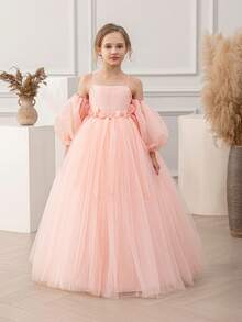 少女泡泡袖细肩带蝴蝶结装饰网眼公主裙，适合生日派对、花童、婚礼、舞会、节日场合