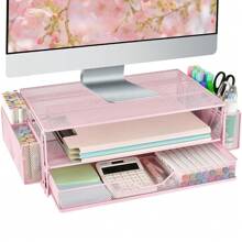 2 Tier Computer Monitor Stands With Drawer And 2 Pencil Holder, Metal Monitor Stand Monitor Riser, Computer Desk Organizer And Accessories For Laptop, Computer, Printer, Office Supplies(Black)-982163