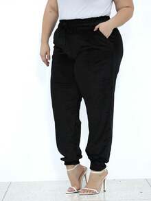 Women's Plus Size Plain Velvet Jogger Pants Comfortable Elastic - 黑色 - 查看 3