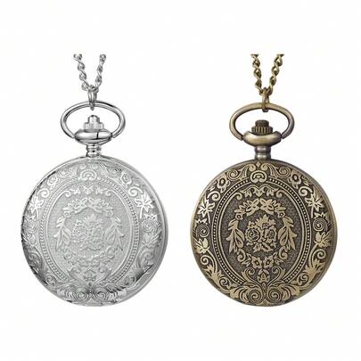 1pc Men's Quartz Pocket Watch, Silver-Copper Color, Classic Casual Vintage Round Engraved Hanging Chain, Suitable For Men's Daily Life, Outdoor Sports, Holiday Gift