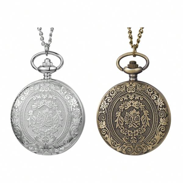 1pc Men's Quartz Pocket Watch, Silver-Copper Color, Classic Casual Vintage Round Engraved Hanging Chain, Suitable For Men's Daily Life, Outdoor Sports, Holiday Gift