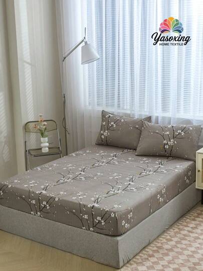 3pcs /Set Gray Plum Blossom Branch Flower Pattern Fitted Sheet Set Without Filler, Fitted Sheet Set For Bedroom Brushed Microfiber Breathable Comfortable 1pc Fitted Sheet+2pcs Pillow Case Without Filler, Back School Bedding Domitory Bedding Set