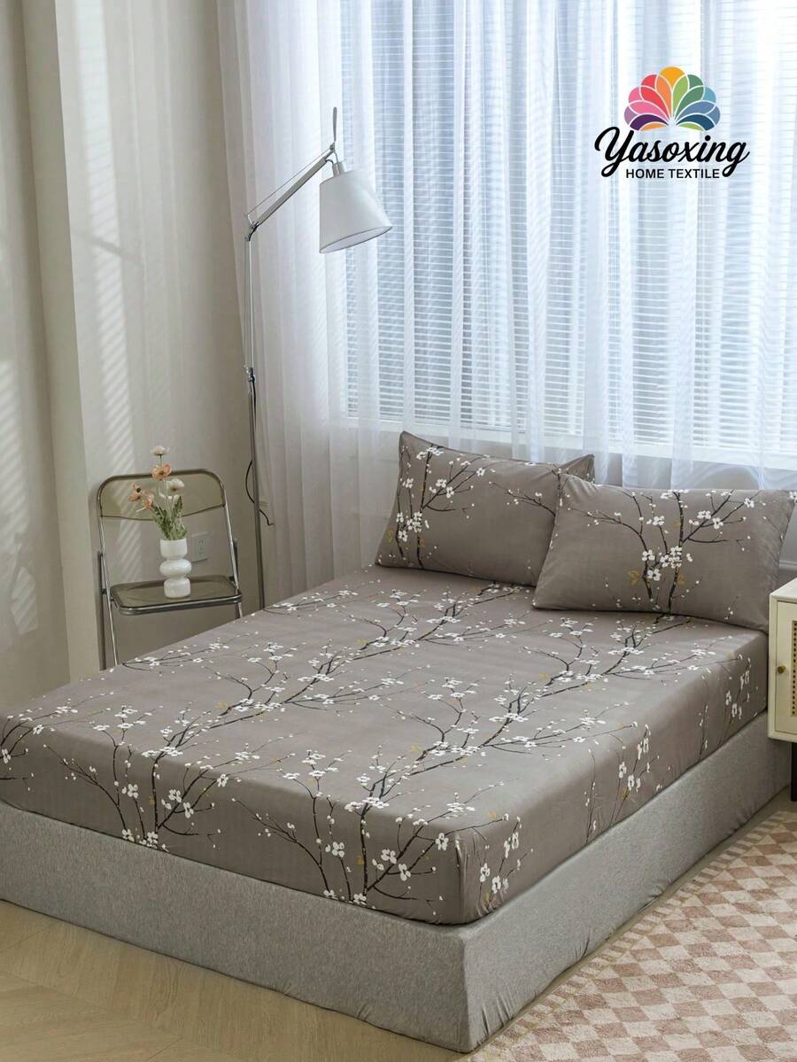 Bộ 3 ga trải giường họa tiết cành hoa mận xám không có ruột, Bộ ga trải giường cho phòng ngủ bằng vải sợi nhỏ chải kỹ, thoáng khí, thoải mái, 1 ga trải giường + 2 vỏ gối không có ruột, Bộ chăn ga gối đệm cho ký túc xá trường học - Màu xám đen - Xem 1