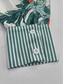 1Pcs Retro Ruffled Long-Sleeved Top, Green Floral Print, V-Neck/Lapel Collar, Cuff Stripes, Casual Shirt Top, Suitable For Any Occasion, Machine Washable, Autumn & Winter Women's Clothing - 綠色 - 查看 3