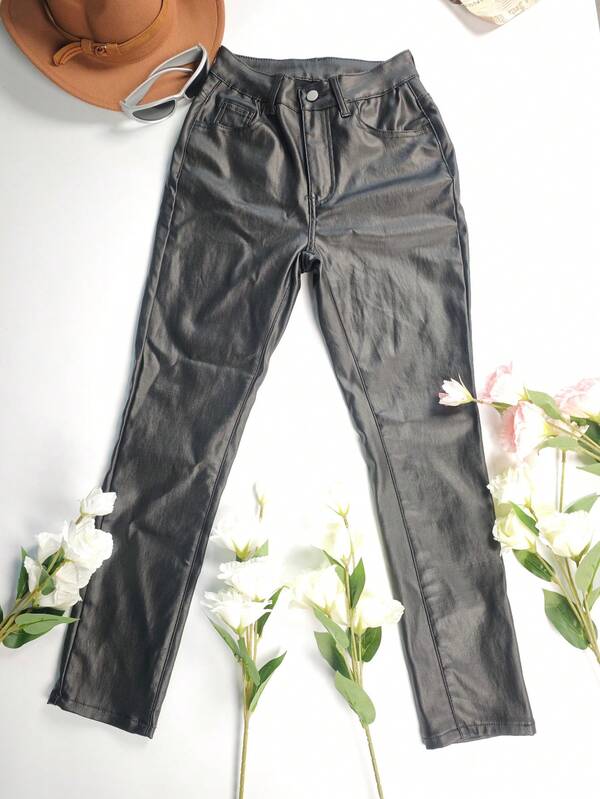 Leggings de mujer de piel sintética con bolsillos para uso diario, casual, de otoño e invierno, para ir al trabajo o a la escuela