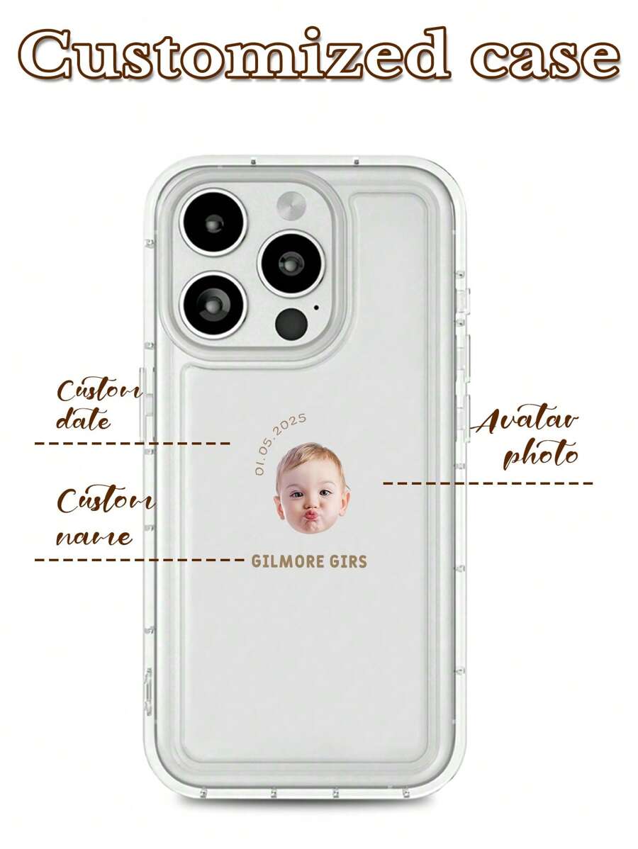 1pc Minimalist Portrait, Date, Name & Text Customized Full Coverage Silicone Lens Protection Phone Case Compatible With IPhone 16, 15, 14, 13, 12, 11 Pro Max