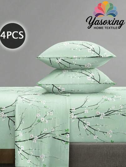4 st/set grönt plommonblomsmönster lakanset lättskött mikrofiber mjukt sängkläderset blommigt dra-på-lakanset (1 st. platt lakan + 1 st. dra-på-lakan + 2 st. örngott) dra-på-lakanset king size queen size dubbelstorlek lakan djupa fickor upp till 11,8 tum örngott, mjukt andningsbart skrynkelfritt bättre för sömn, lyxig hotellstil, present till mamma pappa vän sovsal sängkläder baksida skolsängkläder sovsal sängkläder baksida skolsängkläder