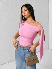 Elegant Suplex T-Shirt Top With Asymmetrical Shoulders And Straps, Ideal For Daily Use, Outings, Nightclubs, Parties, Halloween Costumes - 粉色 - 查看 5