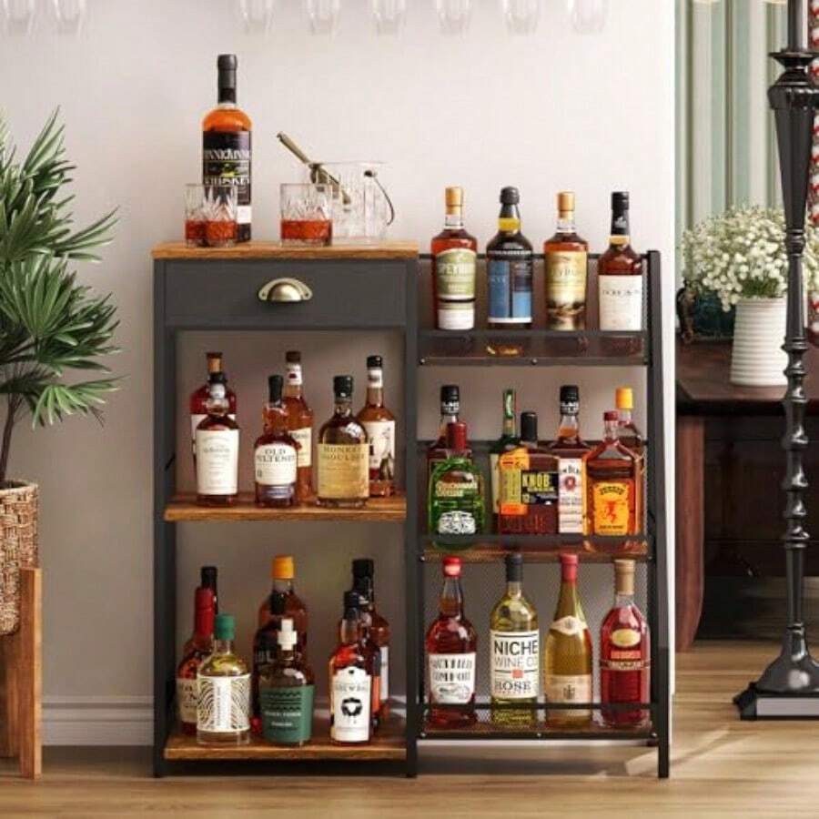 Liquor Cabinet Bar For Home With Drawer 3Tier Wine Rack Freestanding Floor And Wine Shelf With Step Design For Whiskey Spirits Vintage Mini Bar For Kitchen Apartment - RusticBrown - View 1