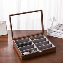 Boîte à lunettes en bois de noyer à huit compartiments, matériau PU de haute qualité gris, boucle métallique, convient pour le comptoir d'affichage, le stockage à la maison, le stockage des lunettes.