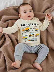 Toddler Baby Boys Fall Winter Outfit Fashionable Tool Cart Print Long Sleeve Sweatshirt Pullover Tops With Solid Color Pants 2 Pcs Outfits - Beige - View 2