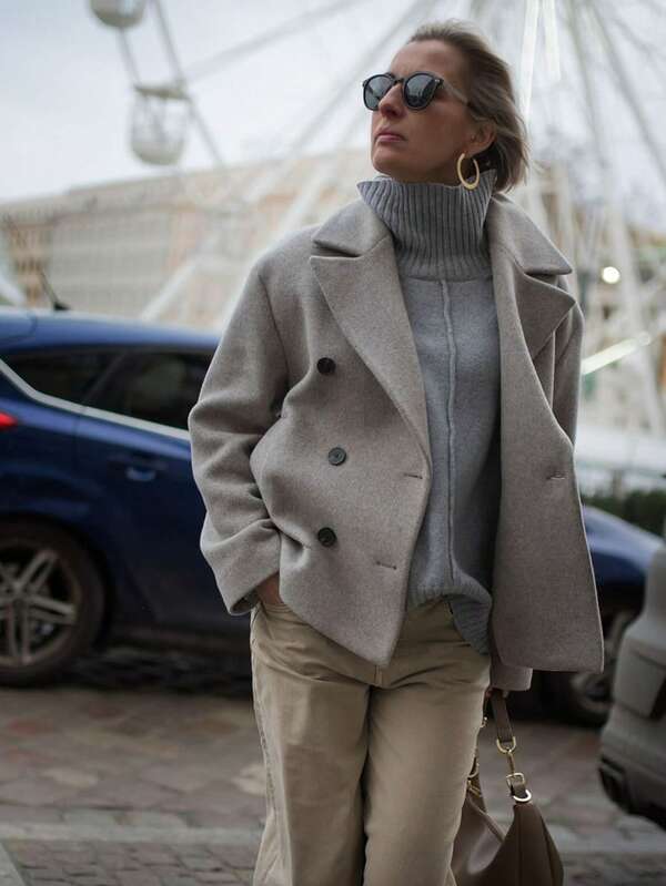 Plus Size Casual Elegant Solid Color Pocket Double Button Overcoat, Solid Color Pocket Double Button Long Sleeve Jacket, Suitable For Dates, Daily Wear, Airport Outfit In Autumn/Winter