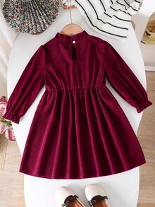 Young Girl Simple Fashion Spring/Autumn Dress, Toddler Girls' Solid Color Round Neck Long Sleeve Elastic Waist Casual Dress, Girls Outdoor Stylish Soft Energetic Clothing - Burgundy - View 2