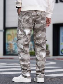 1pc American Casual Brand Camouflage Men's Multi-Pocket Skinny Jeans, Comfortable Washed Denim Pants (No Belt Or Accessories) - Beige - View 4