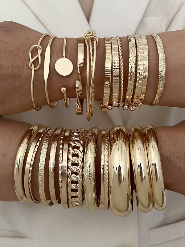 3-25pcs Exaggerated Fashion Geometric Round Plate Wide Bangle Set, Textured Pattern Multilayer Stacking Bracelets Suitable For Women Daily Wear, Date, Party, Gift, Holiday