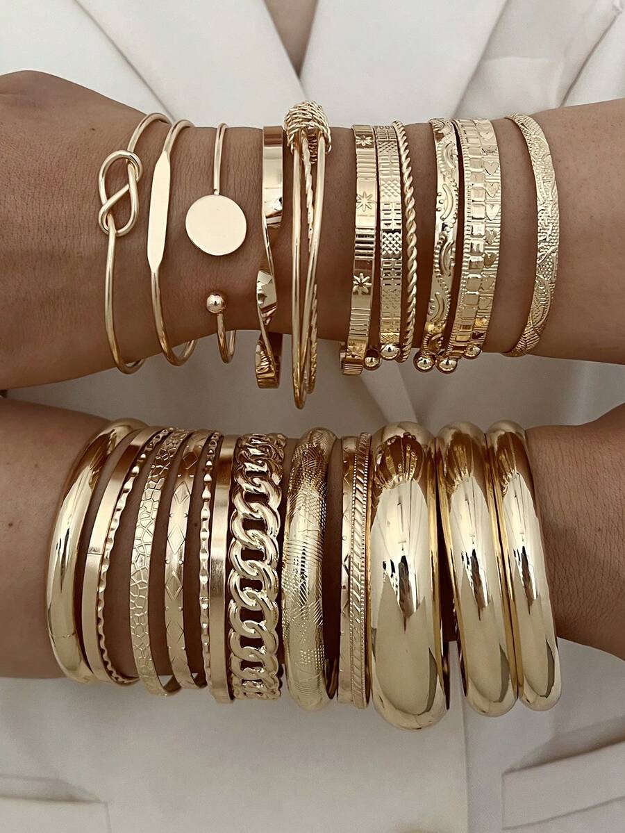 25pcs Exaggerated Fashion Geometric Round Disc Wide Bangle Set, Textured Pattern Multilayer Bracelet Suit, Suitable For Women Daily Wear, Dating, Party, Gift, Holiday