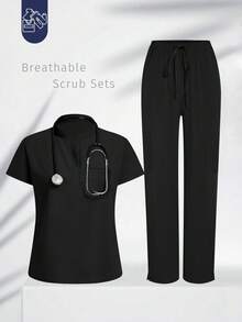 Women's Surgical Gown Navy Blue Suit, Breathable High Quality Fabric, Sports Nursing Work Clothes, With Pockets, Multi-Pocket Design, Trouser Hem Slits, Wholesale Fashion Surgical Gown Suit Dental Hospital Uniform Suit Solid Color Surgical Gown Suit Women's Jogging Pants Suit Laboratory Hospital Pet Care - 黑色 - 查看 3