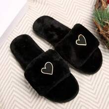 Women's Fashion Heart Decor Plush Slippers, Soft & Comfortable For Women, Suitable For Living Room And Bedroom, All Seasons