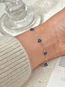 BALMORA 1pc 925 Sterling Silver Elegant Cute Blue Flower Zirconia Chain Bracelet, Suitable For Women's Daily Wear, Friendly Gatherings Or As A Gift - Silver - View 8