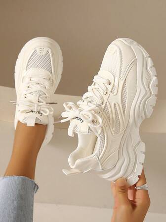 Nuevos tenis de suela gruesa para mujer, de tela de malla, de punta redonda casual con cordones y plataforma, aptos para todas las estaciones, beige/caqui, [talla china, corre 1 talla talla grande pequeña]