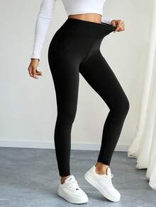 女士高腰抓绒瑜伽裤 - 高弹保暖紧身裤，适合运动健身 - 黑色 - 查看 6