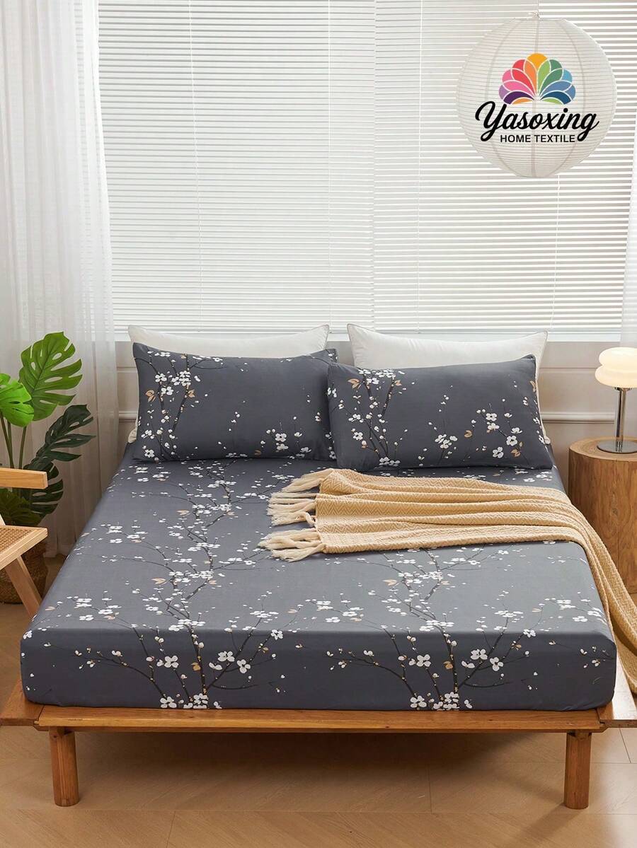Bộ 3 ga trải giường họa tiết cành hoa mận màu xám đậm không có ruột, Bộ ga trải giường cho phòng ngủ bằng vải sợi nhỏ chải kỹ, thoáng khí, thoải mái, 1 ga trải giường + 2 vỏ gối không có ruột, Bộ chăn ga gối đệm cho ký túc xá trường học - Màu xám đen - Xem 1