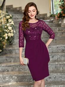 MIUSOL Sequin Floral Lace Round Neck Bodycon Semi-Formal Party Pencil Dress - Maroon - View 5