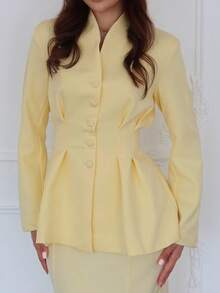 女士优雅纯色单排扣西装外套和裙套装，精致且适合日常穿着 - 淺黃色 - 查看 4