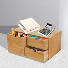 JUSODIN Bamboo Desk Organizer - Mini Bamboo Desk Drawer Tabletop Storage Organization Box For Office Home Toiletries Supplies, No Assembly Required (3 Drawers) - Wood Color - View 5