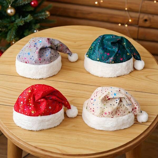 4 piezas Decoraciones de sombreros navideños con estampado de estrellas de colores, sombreros decorativos para el festival de Navidad, decoraciones de sombreros para fiestas navideñas, gris, verde, rojo, beige